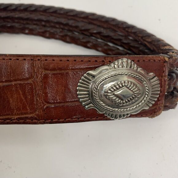 Brown Leather Size M Croc Embossed Braided Belt Silver Tone Heavy Buckle Concho - Picture 5 of 10